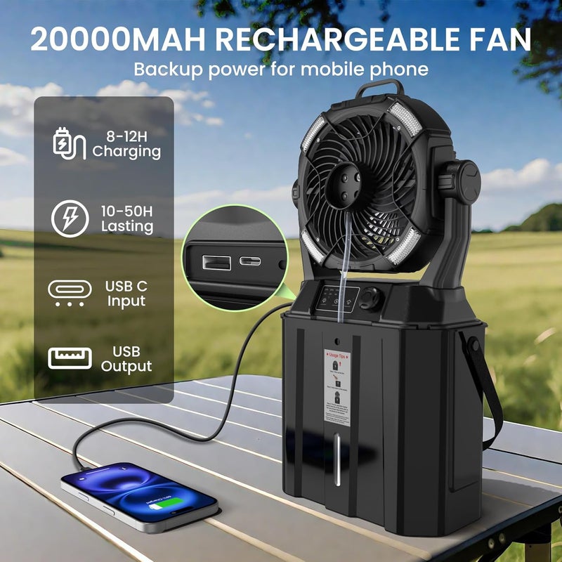 MAGTHIC Misting Fan Portable for Outside Patios- 20000mAh Rechargeable Battery Powered fan, 3 LED Light Modes & Stepless Speed Control Camping Fan with 6L Bucket, Remote Control - Image 3